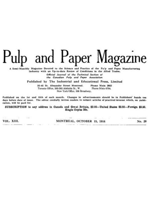 Журнал «Целлюзно-бумажная промышленность», Vol. XIII, № 20, 15 октября 1916 г. Полумесячный журнал, посвященный науке и практике