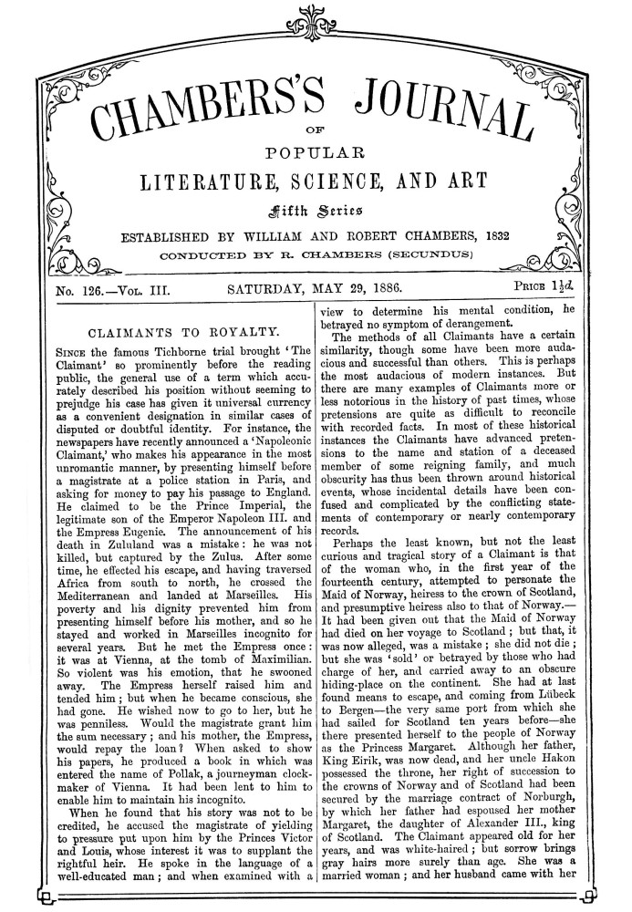 Chambers's Journal of Popular Literature, Science, and Art, fifth series, no. 126, vol. III, May 29, 1886