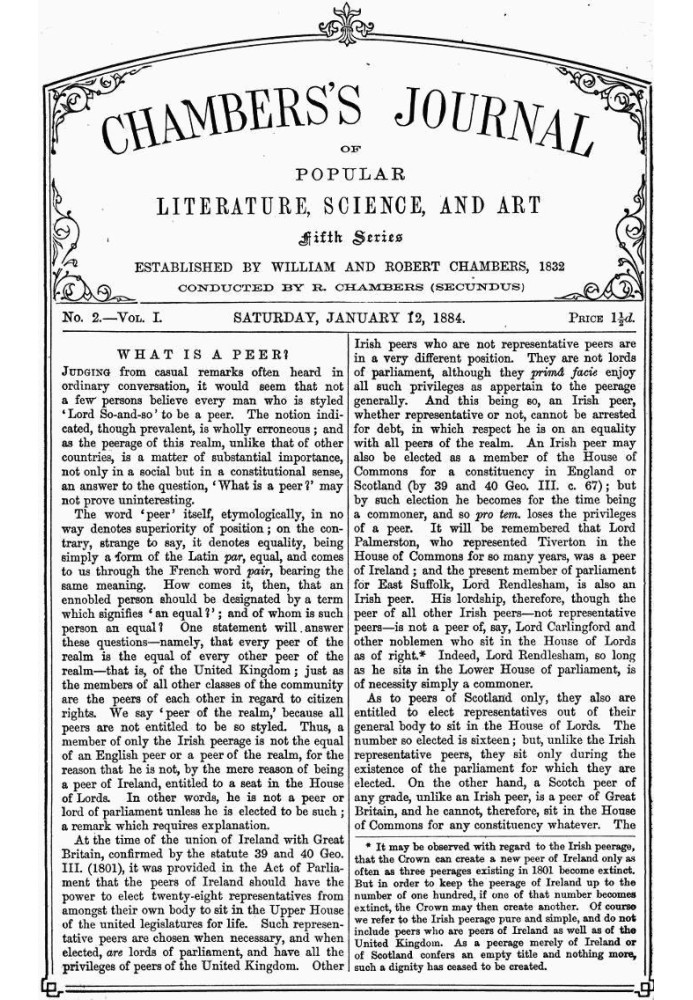 Журнал популярной литературы, науки и искусства Чемберса, пятая серия, № 2, том. I, 12 января 1884 г.